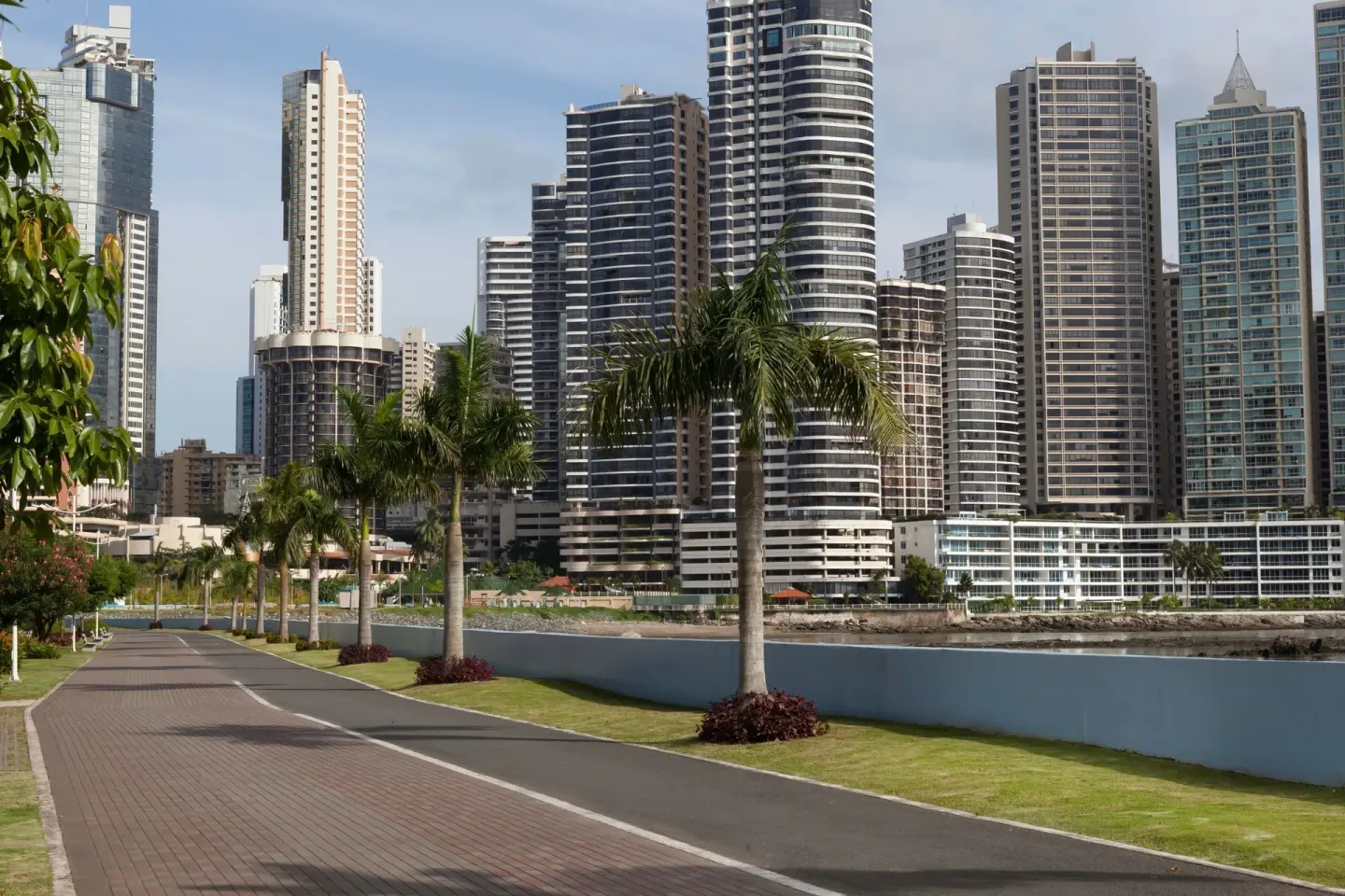 Palm-lined waterfront path and city skyline near Sheraton Grand Panama.