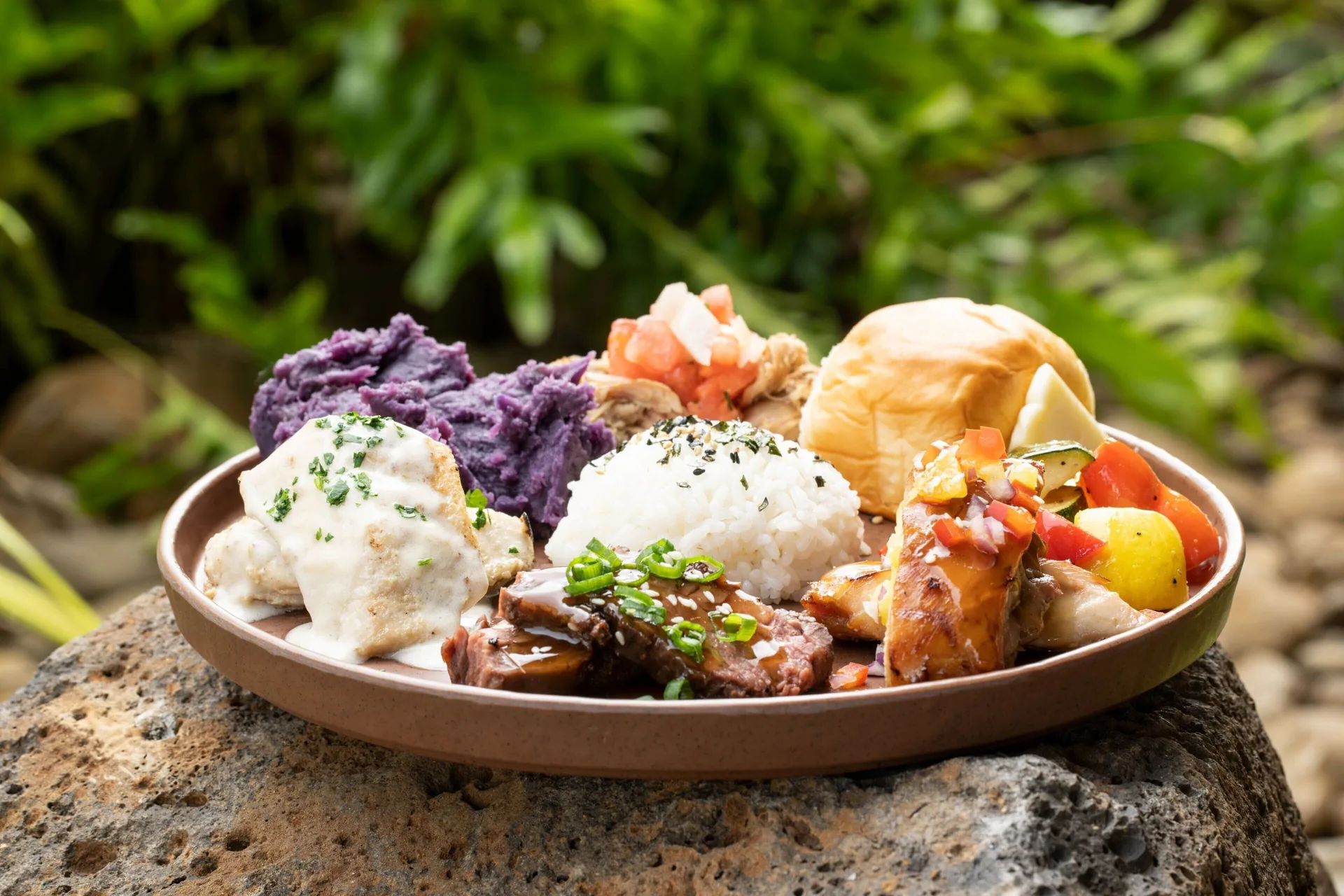 Luau-style buffet plate with rice, meats, and purple mash at Sheraton Kauai Coconut Beach Resort.