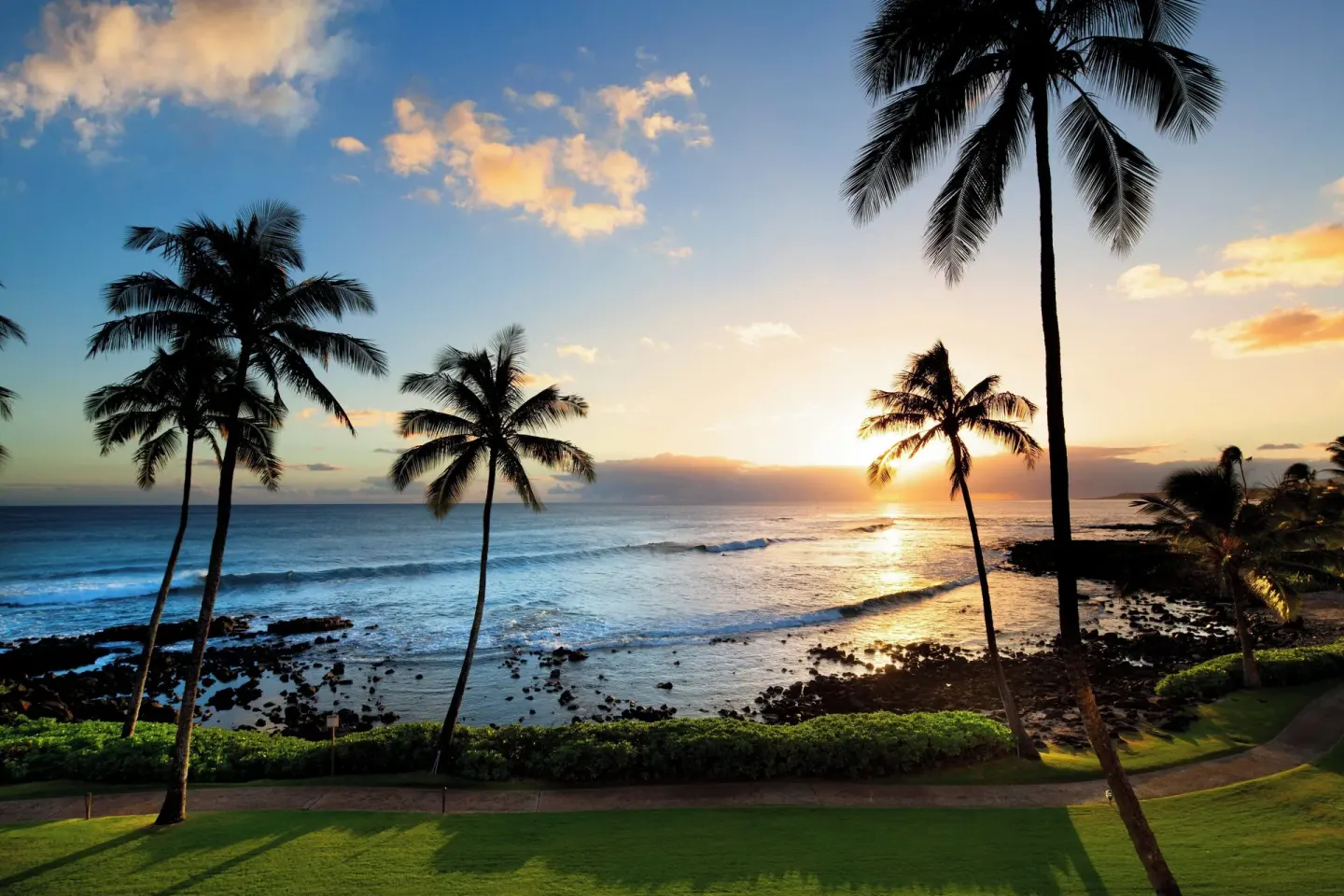 Palm trees frame an ocean sunset and lawn at Sheraton Kauai Resort.