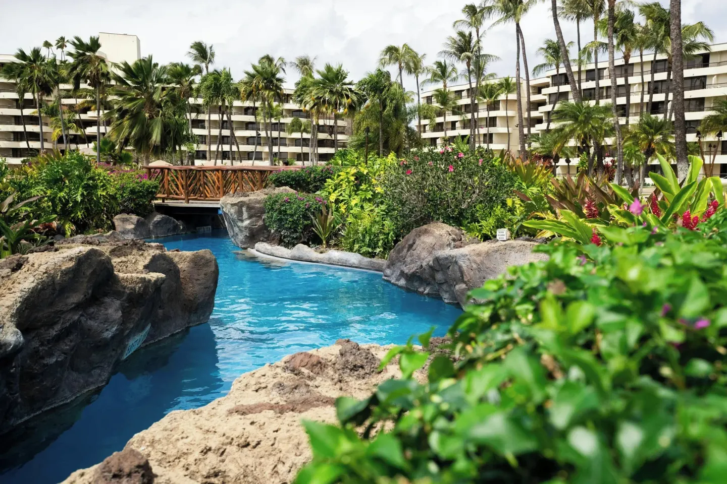 Rock-lined lagoon pool with palms and resort buildings at Sheraton Maui Resort & Spa.