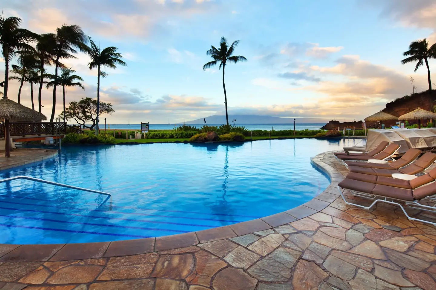 Oceanfront pool with lounge chairs and palm trees at Sheraton Maui Resort & Spa.