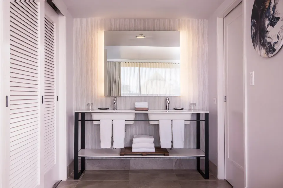 Double vanity bathroom in an ocean view suite at Sheraton Maui Resort & Spa.