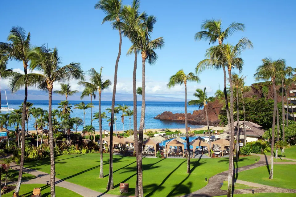 Ocean view with palms, lawn, pool, and beach at Sheraton Maui Resort & Spa.