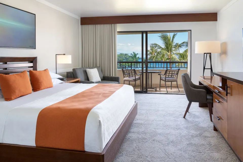 Deluxe Ocean View king room with balcony at Sheraton Maui Resort & Spa.