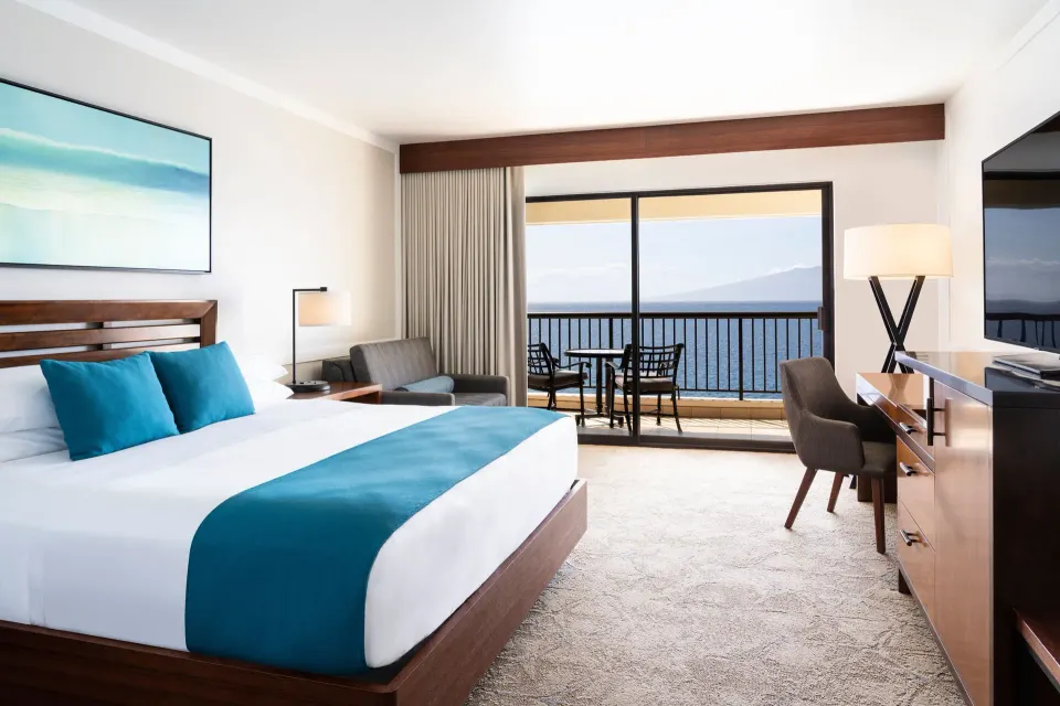Moana Oceanfront king room with balcony and ocean view at Sheraton Maui Resort & Spa.