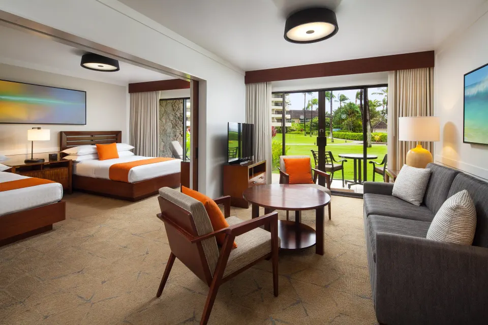 Ohana Suite living area and two-bed bedroom at Sheraton Maui Resort & Spa.