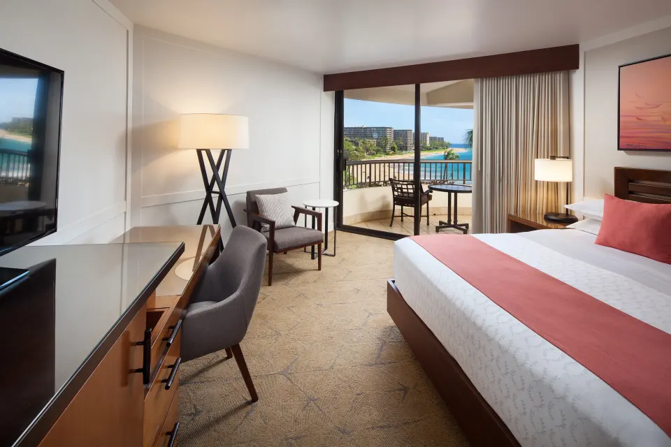 Oceanfront guest room with king bed and balcony at Sheraton Maui Resort & Spa