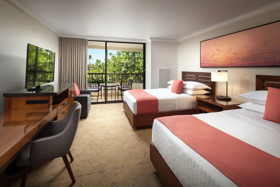 Resort View room with two beds, desk, TV, and balcony at Sheraton Maui Resort & Spa.