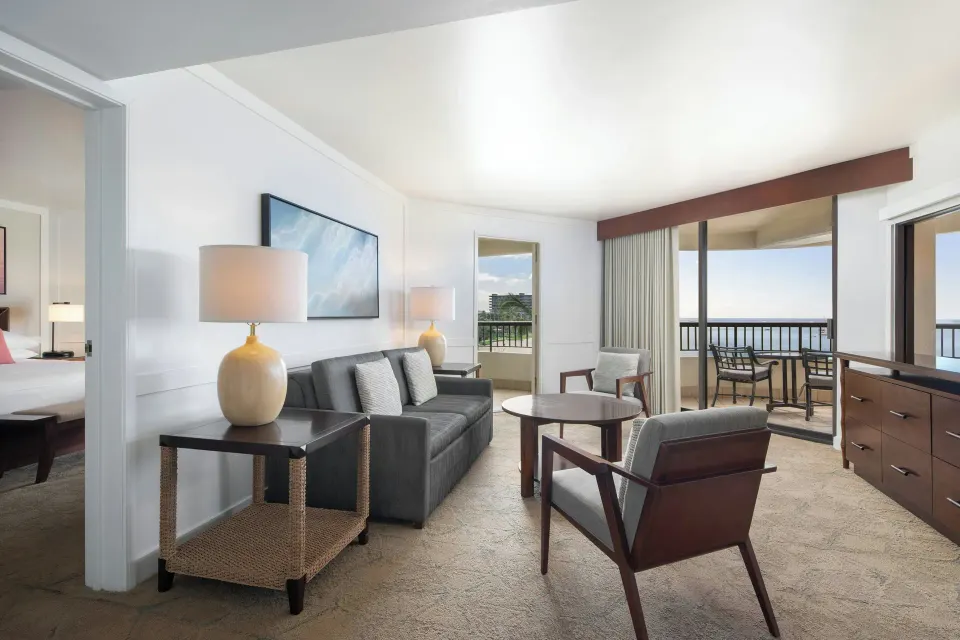 Ocean-view living room in a one-bedroom suite at Sheraton Maui Resort & Spa.