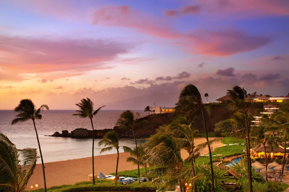 Sunset ocean and beach view from a suite at Sheraton Maui Resort & Spa.