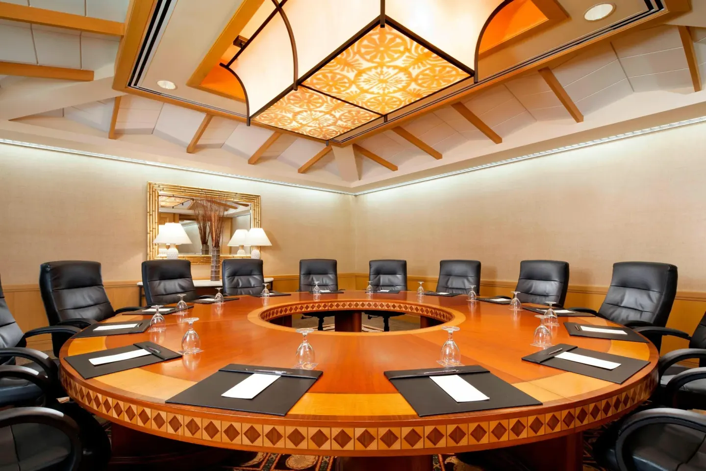 Round boardroom table set for a meeting at Sheraton Maui Resort & Spa.