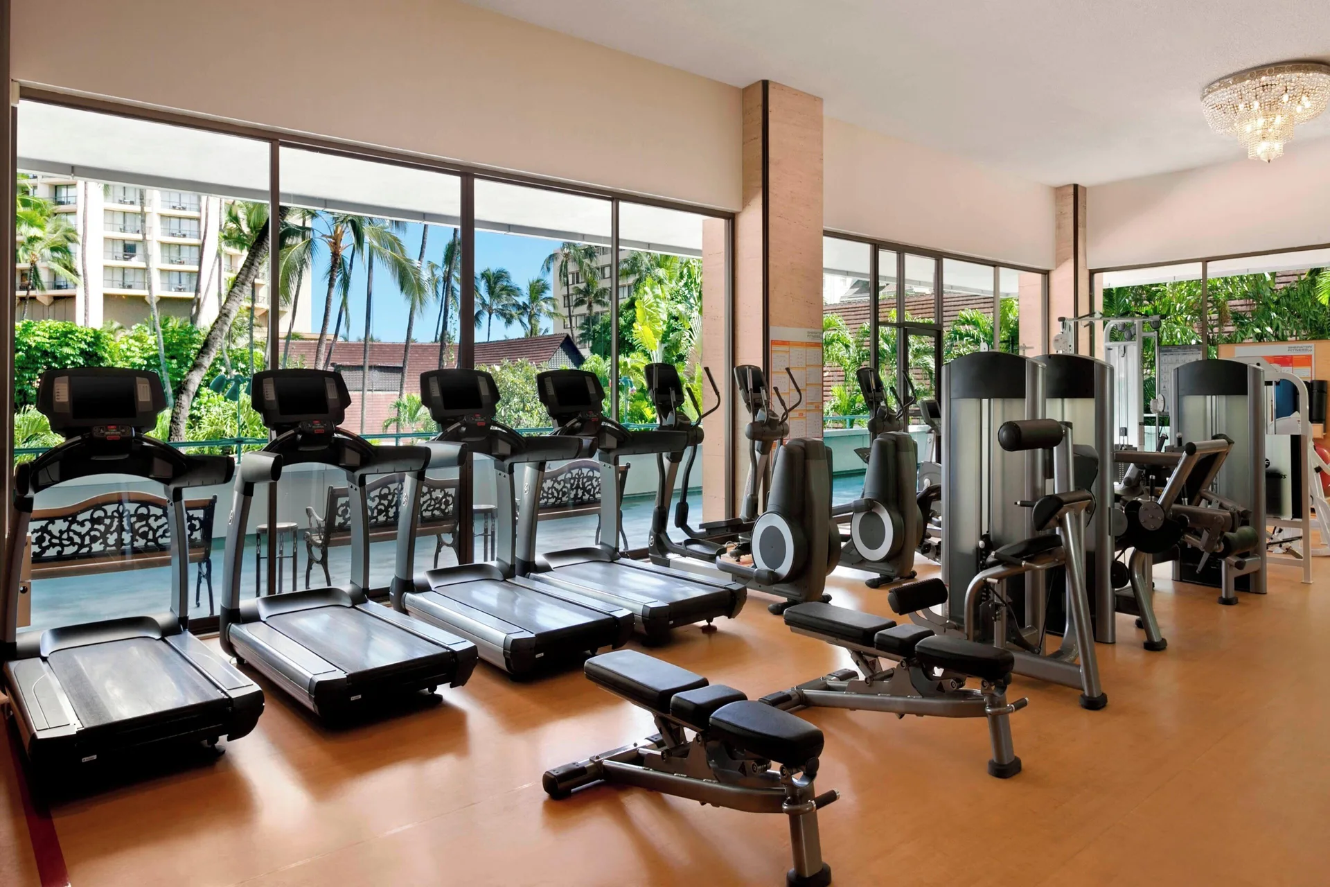 A fitness room with treadmills and strength equipment at Sheraton Princess Kaiulani.
