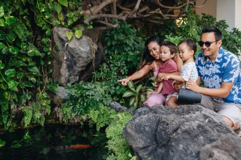 A family watches fish in a garden pond at Sheraton Princess Kaiulani.