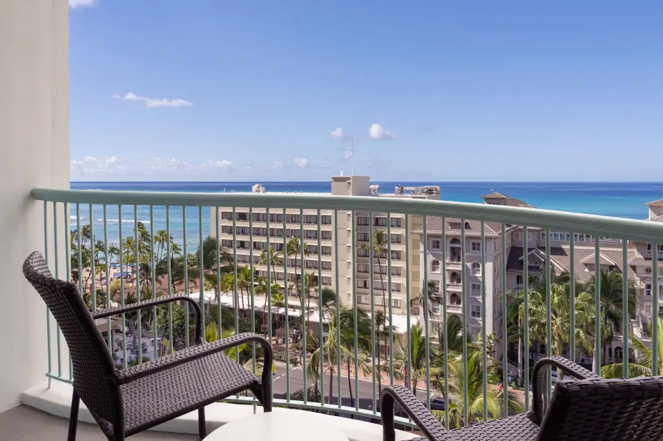 Princess Ocean View balcony with chairs and ocean view at Sheraton Princess Kaiulani.