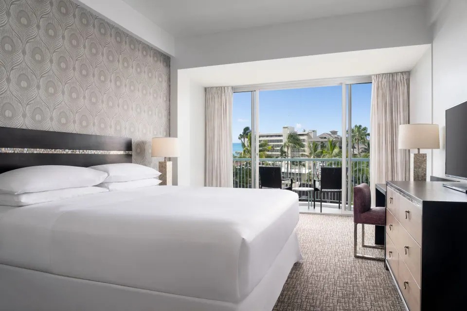 Princess Ocean View king room with balcony and ocean glimpse at Sheraton Princess Kaiulani.