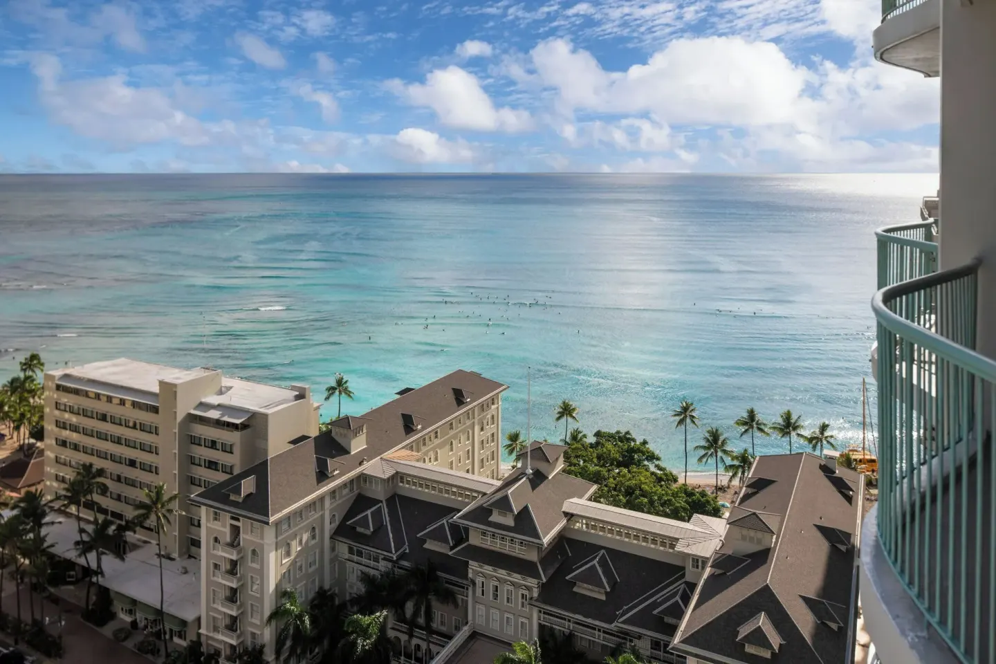 High ocean view from the renovated tower at Sheraton Princess Kaiulani with Waikiki shoreline below.