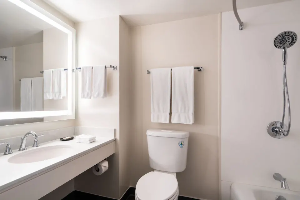 Standard Room bathroom vanity, toilet, and shower at Sheraton Princess Kaiulani.
