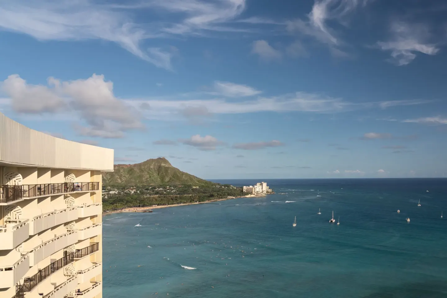 Ocean, Waikiki shoreline, and Diamond Head seen from Sheraton Waikiki Beach Resort.