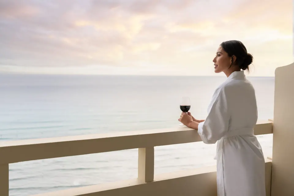 Woman in a robe holding wine on an ocean-view balcony at Sheraton Waikiki Beach Resort.