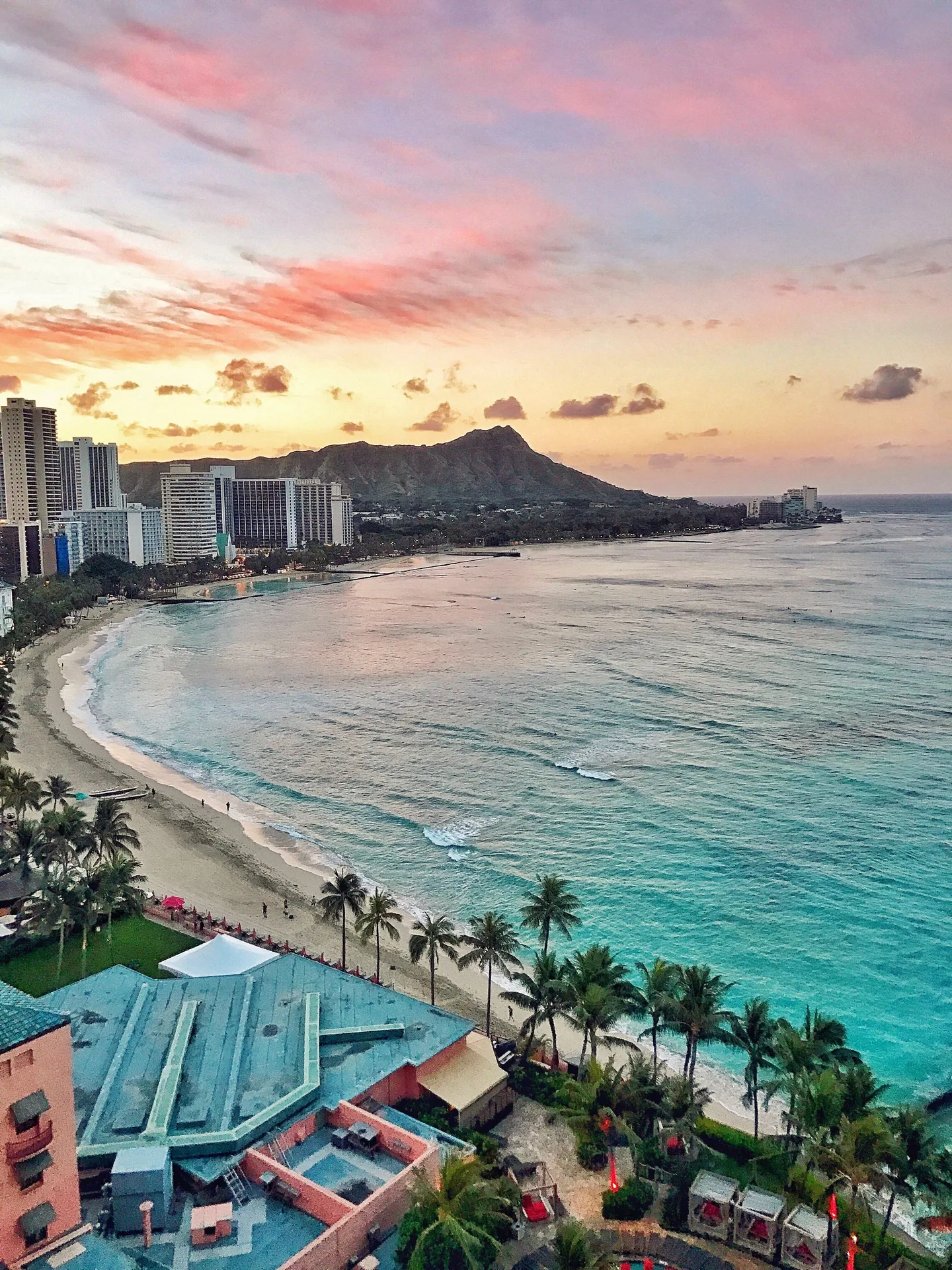 Waikiki Beach, ocean, and Diamond Head at sunset from Sheraton Waikiki Beach Resort.