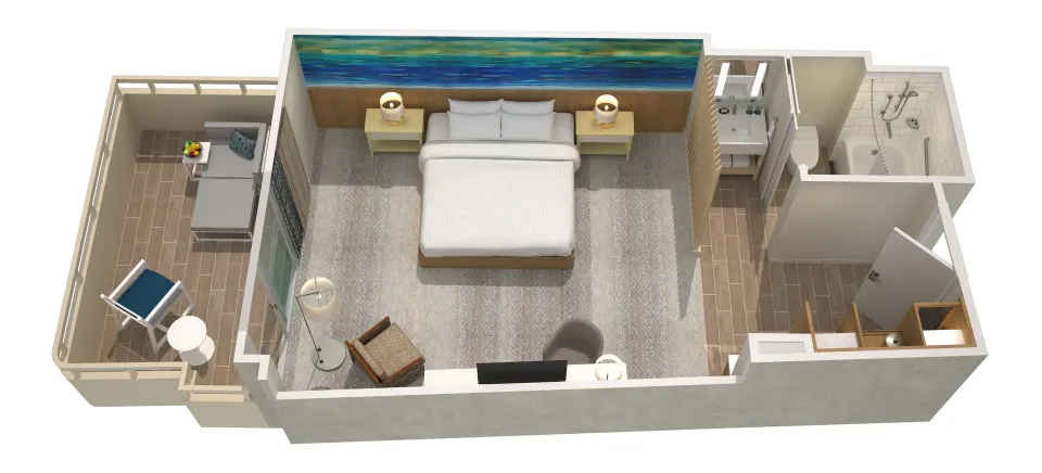 Room City View king bed floor plan with balcony at Sheraton Waikiki Beach Resort.