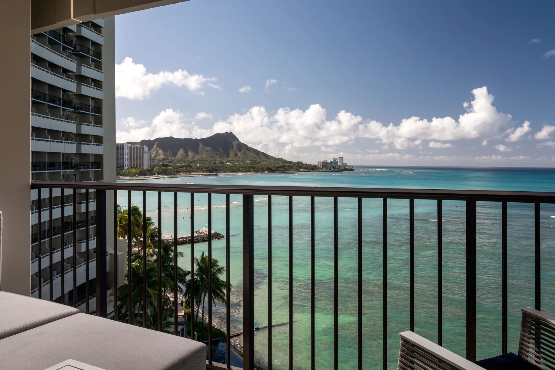 Oceanfront balcony view toward Diamond Head at Sheraton Waikiki Beach Resort.