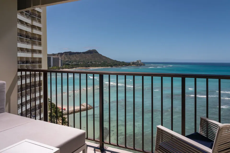 Oceanfront balcony view over Waikiki Beach at Sheraton Waikiki Beach Resort.