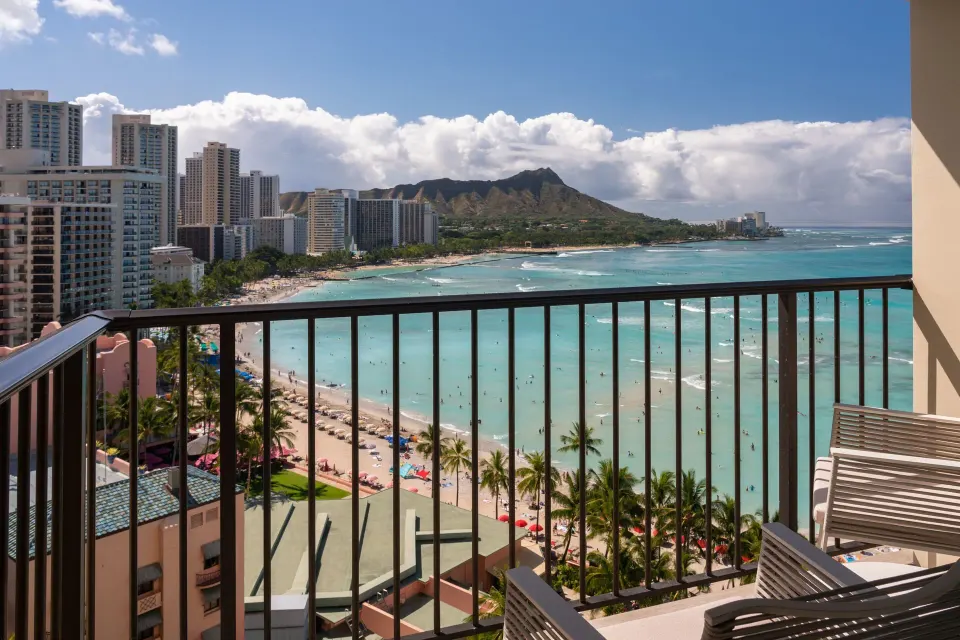 Malia Suite balcony with Waikiki Beach and Diamond Head views at Sheraton Waikiki Beach Resort.