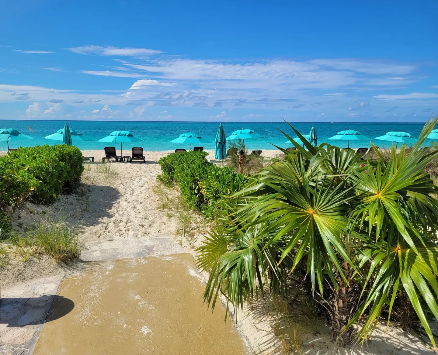 Sandy path through palms to the beach and turquoise umbrellas at Sibonné Beach Hotel.
