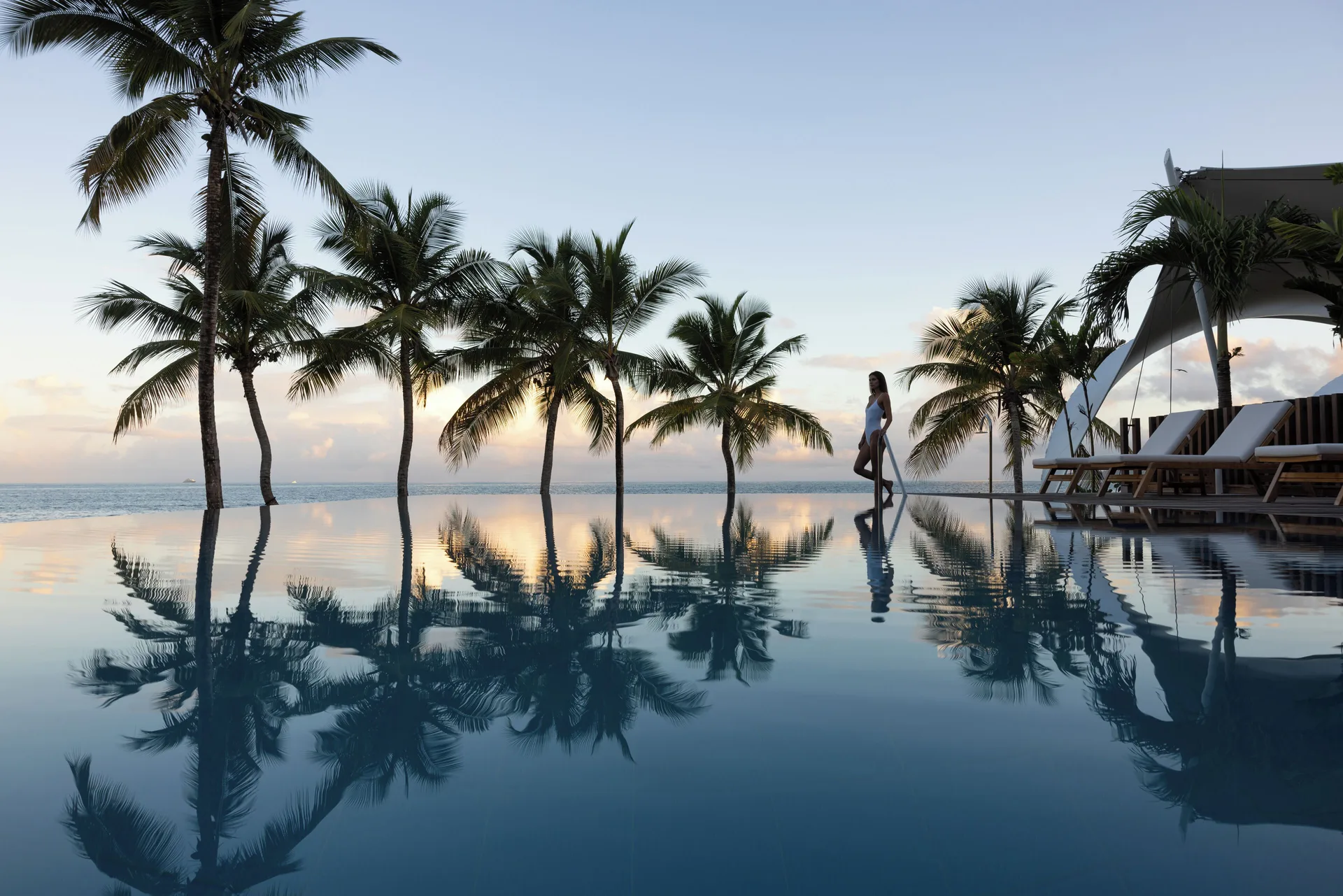 Infinity pool with palm reflections beside the sea at Silversands Beach House Grenada.