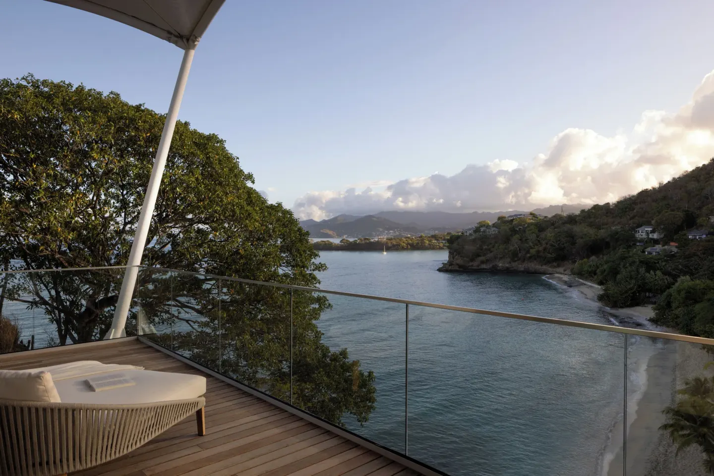 Ocean View room terrace overlooking the bay at Silversands Beach House Grenada.