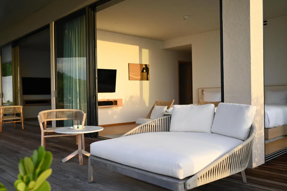 Terrace daybed outside the suite at Silversands Beach House Grenada.