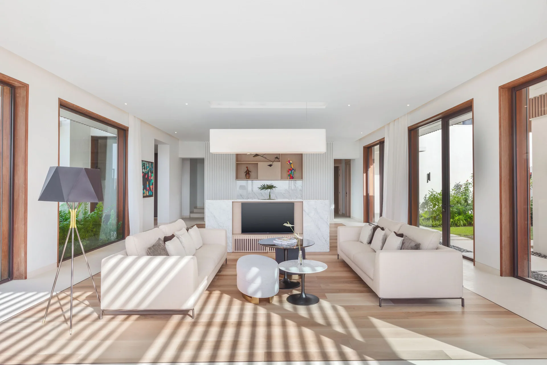 Oceanview villa living room with sofas at Silversands Beach House Grenada.
