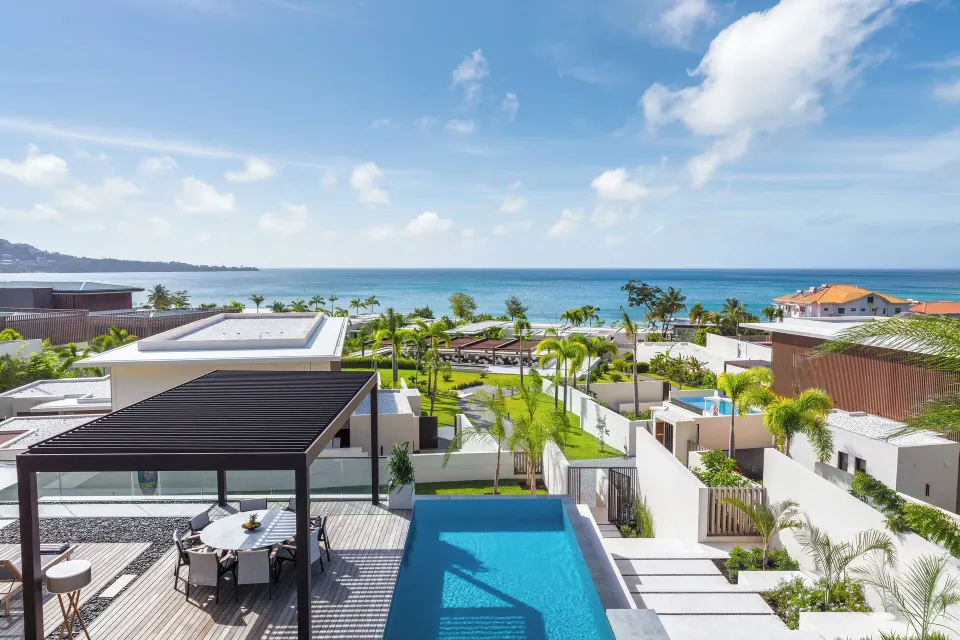 Oceanview villa terrace with private pool at Silversands Beach House Grenada.