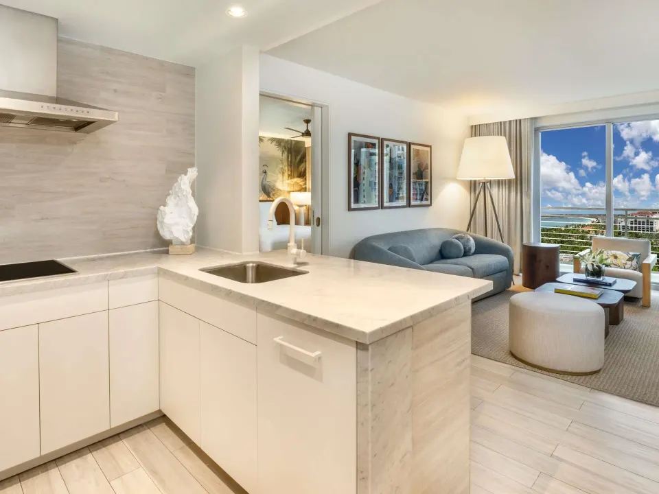 Ocean View Signature Suite kitchenette and sitting area at SLS Baha Mar.