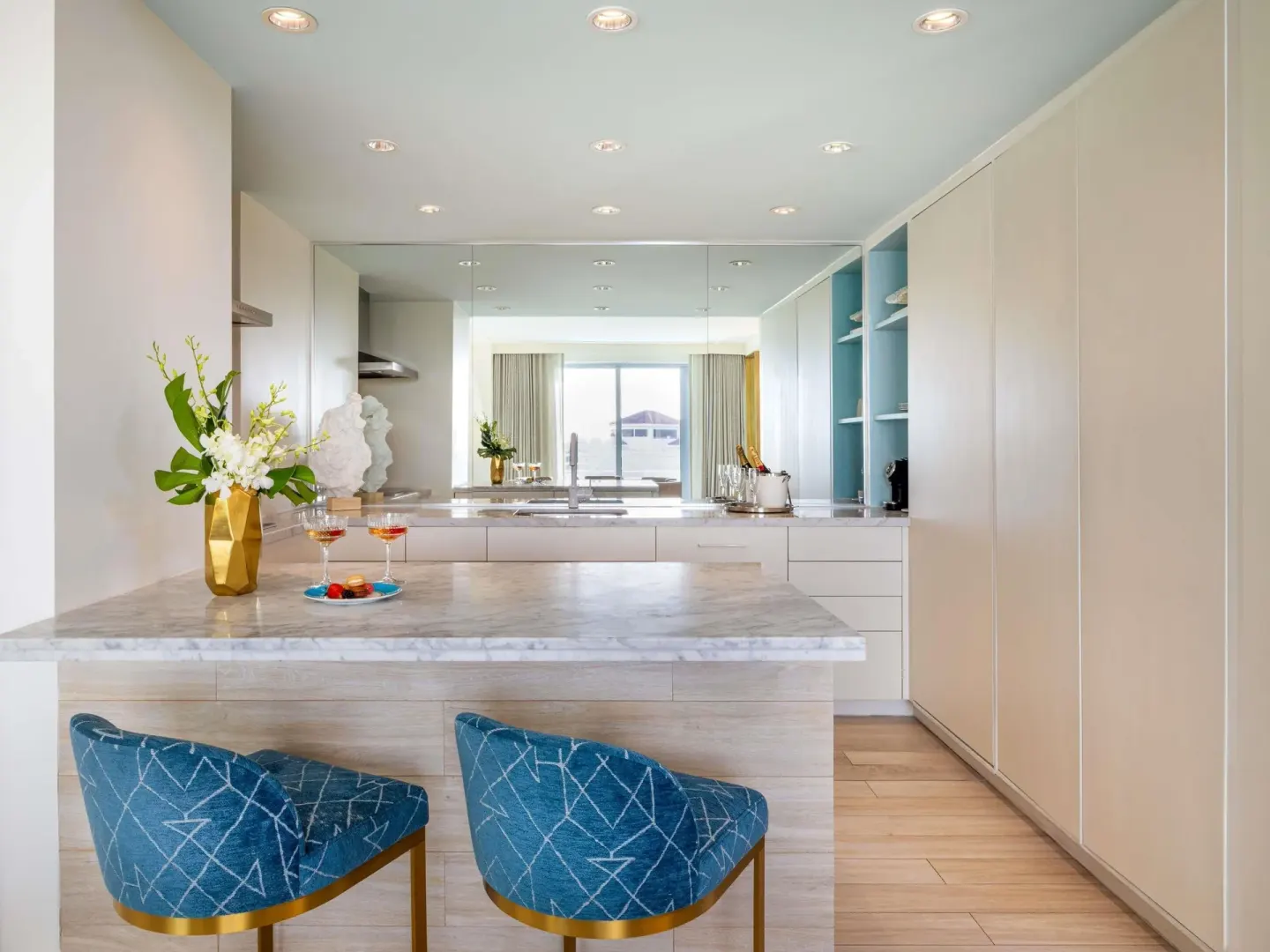 Ocean View Two Bedroom Residence kitchen with marble counter at SLS Baha Mar.
