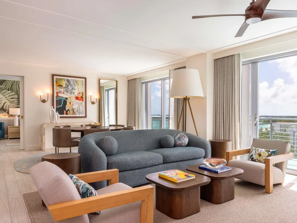 Ocean View Two Bedroom Residence living room with balcony at SLS Baha Mar.