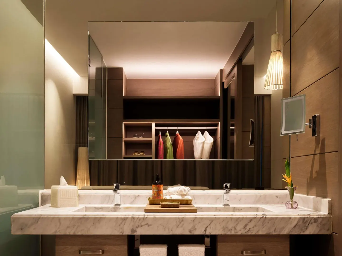 Delight guest room bathroom double vanity at SLS Playa Mujeres.