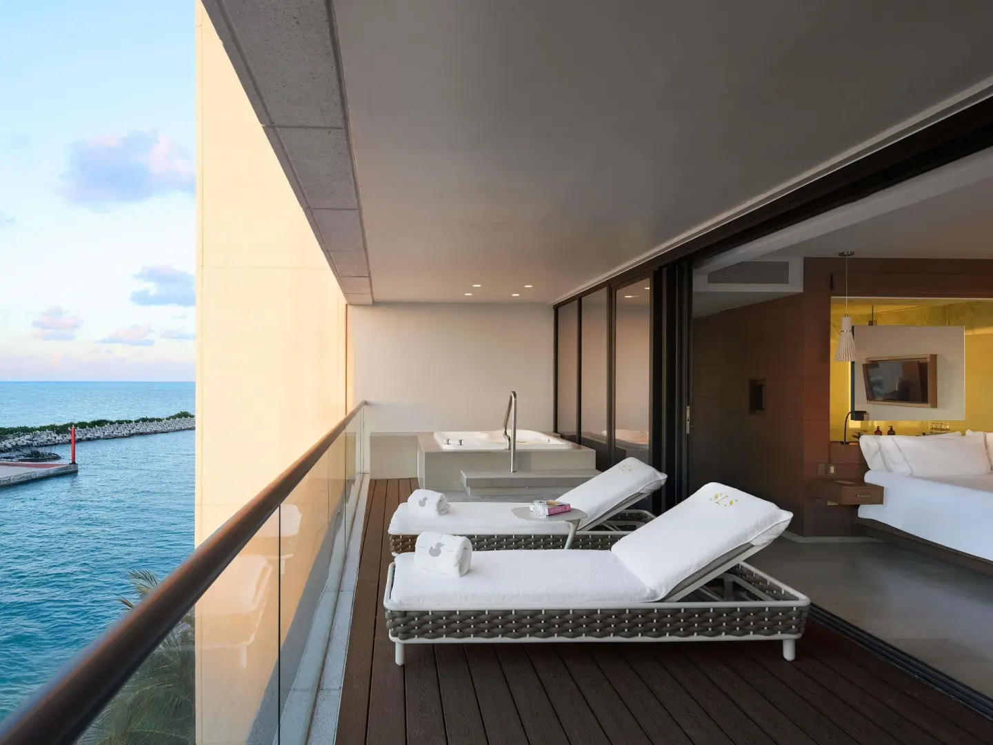 Euphoria Corner Suite Marina View terrace loungers and plunge pool at SLS Playa Mujeres.