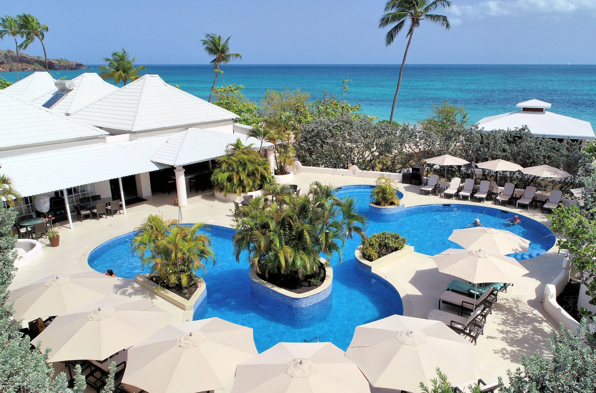 Lagoon-style pool, umbrellas, palms, and ocean at Spice Island Beach Resort.
