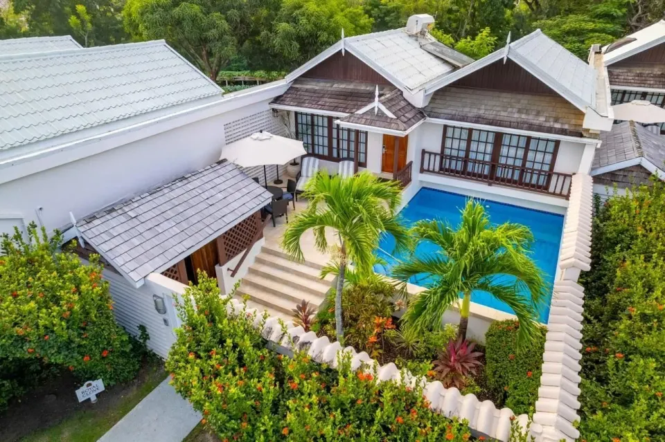 Aerial view of the Royal Collection Pool Suite and private pool at Spice Island Beach Resort.