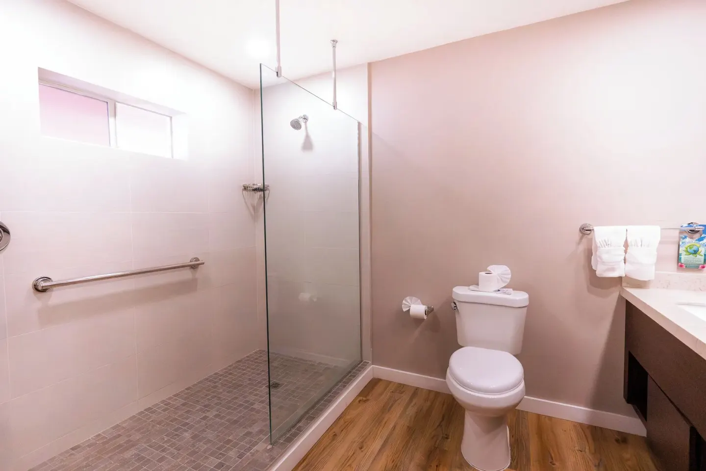 Walk-in shower and toilet in a guest bathroom at St. James's Club Antigua.
