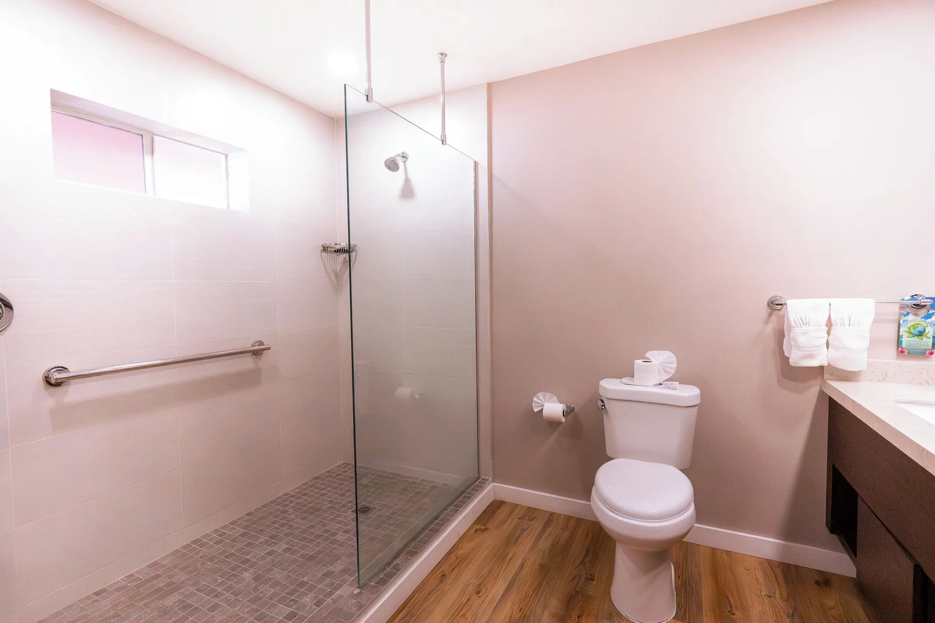 Walk-in shower and toilet in a guest bathroom at St. James's Club Antigua.
