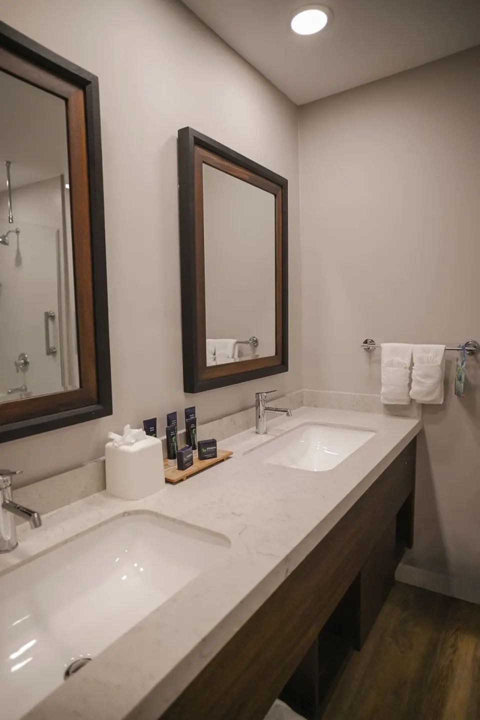 Modern guest bathroom vanity with two sinks at St. James's Club Antigua.