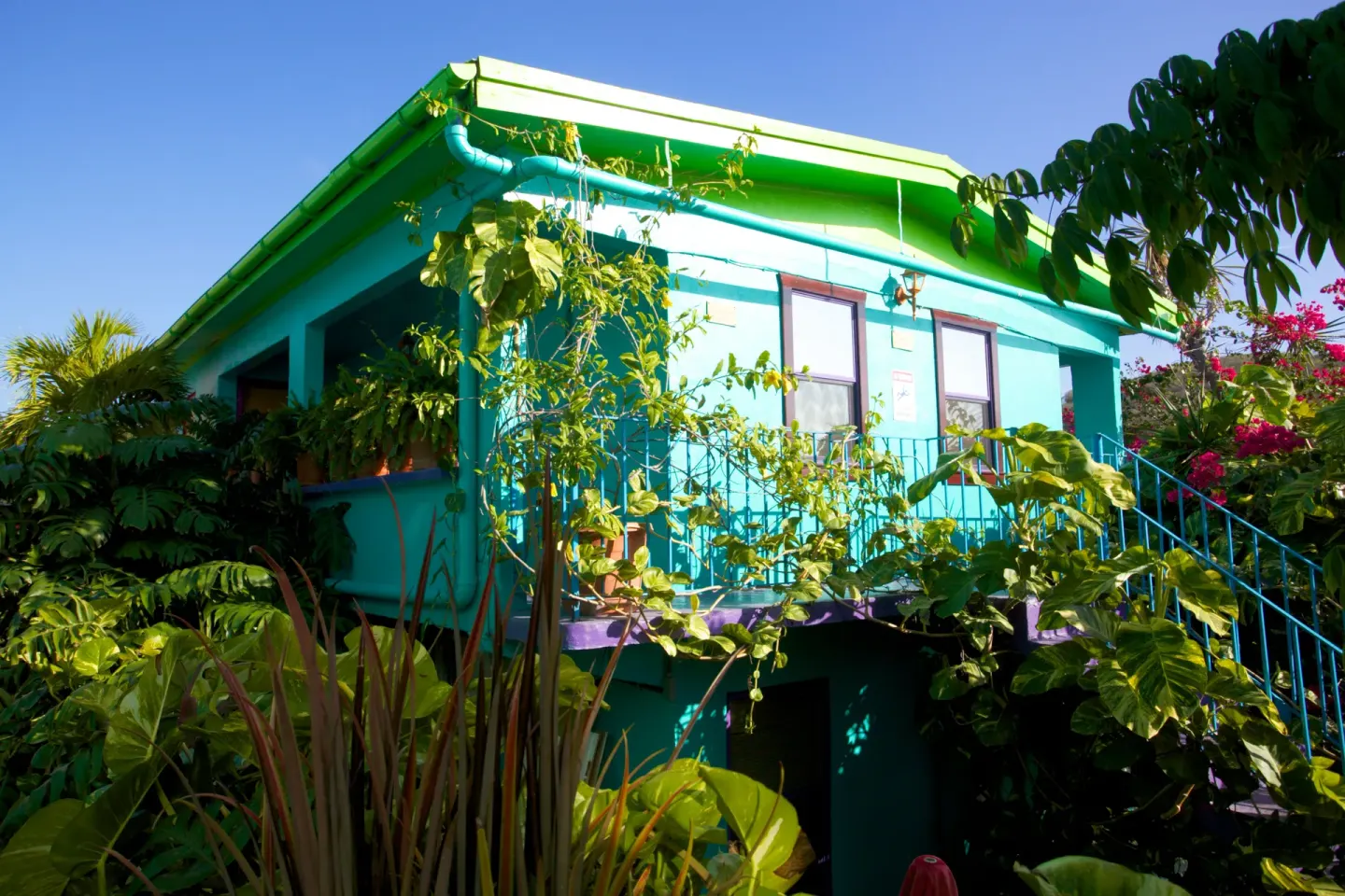 Turquoise exterior building with stairs and tropical landscaping at St John Inn.