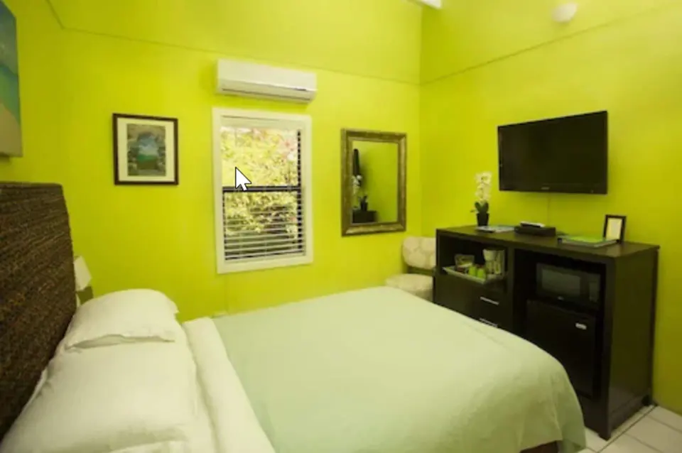 Standard Room bed with green walls, TV, mirror, and window at St John Inn.