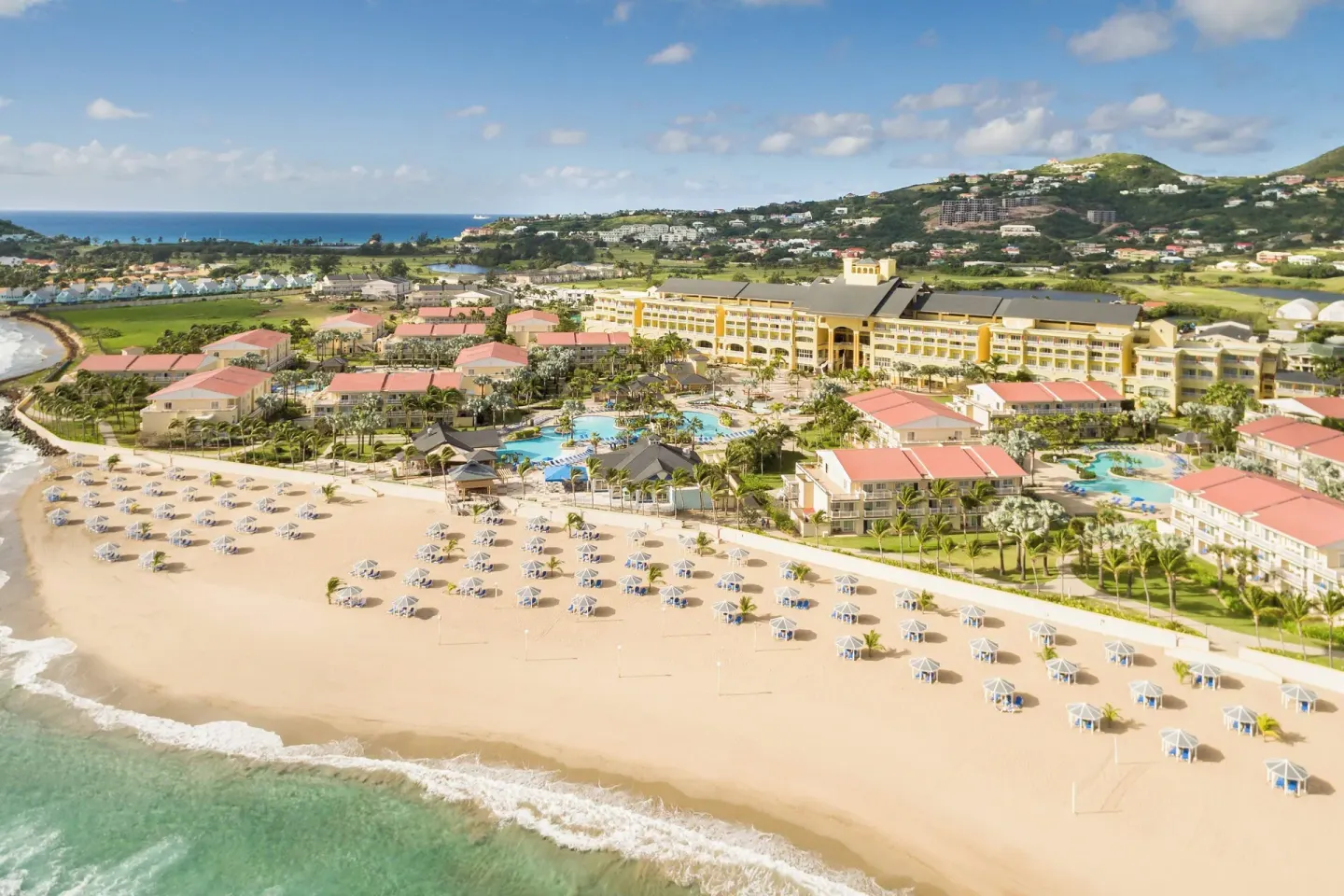 Aerial beach and resort view at St Kitts Marriott Beach Resort, Casino & Spa.