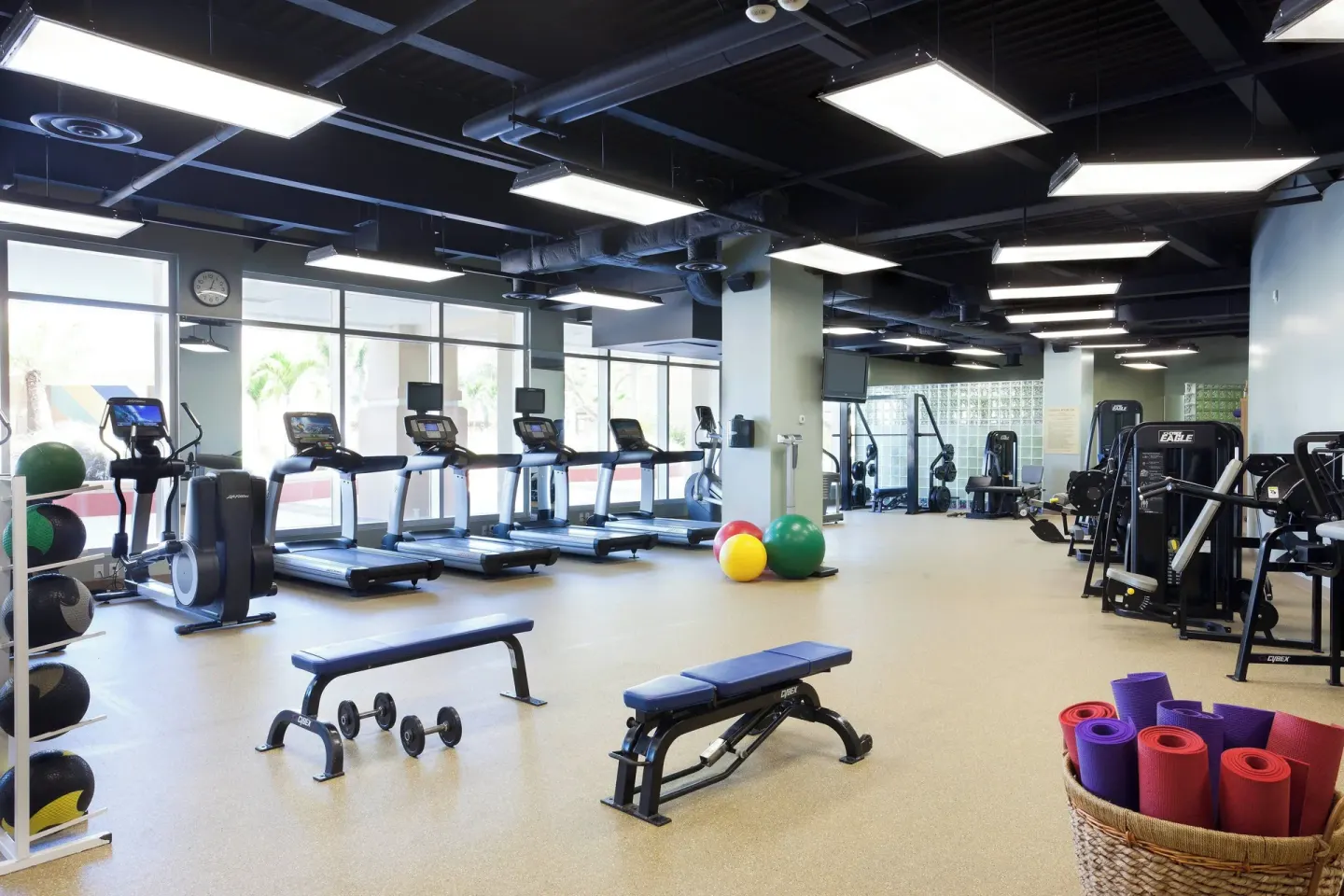 Fitness center with treadmills and strength equipment at St Kitts Marriott Beach Resort, Casino & Spa.