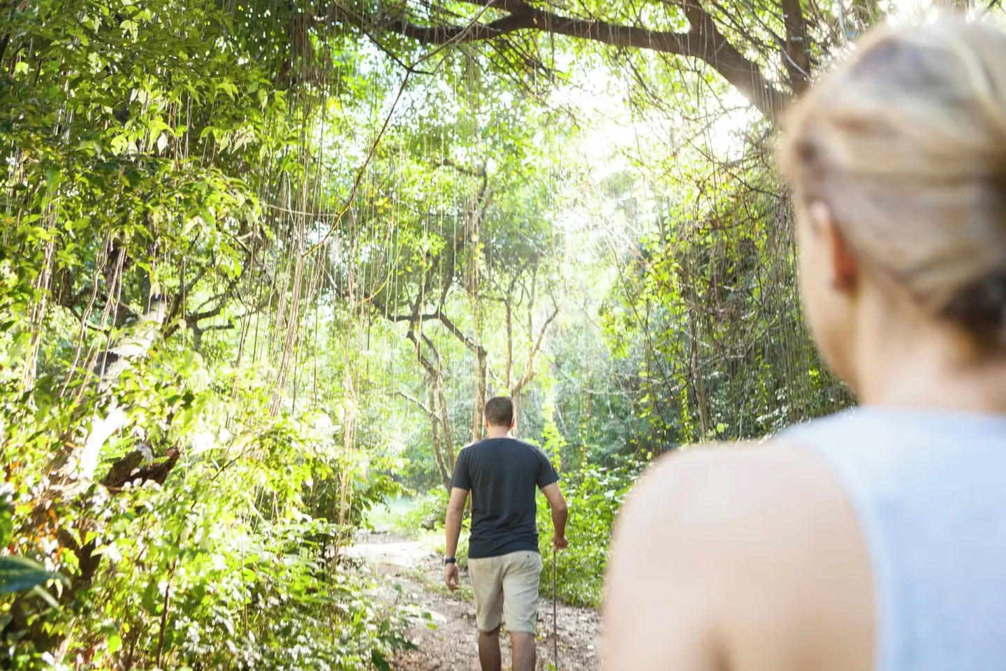 Guests walking a leafy forest trail near St Kitts Marriott Beach Resort, Casino & Spa.