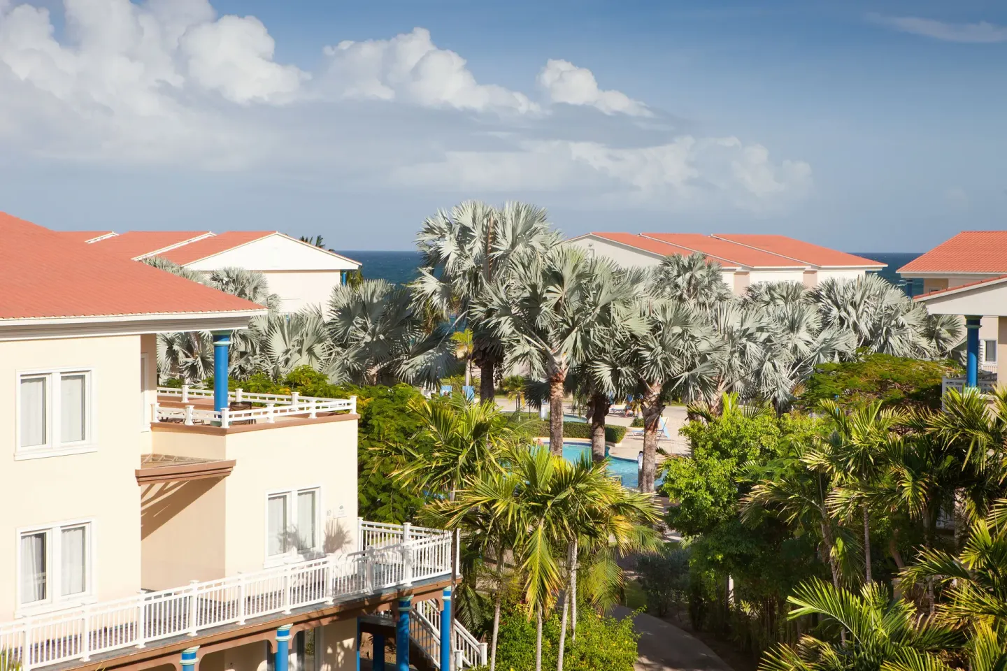Resort buildings, palms, and ocean beyond at St Kitts Marriott Beach Resort, Casino & Spa.